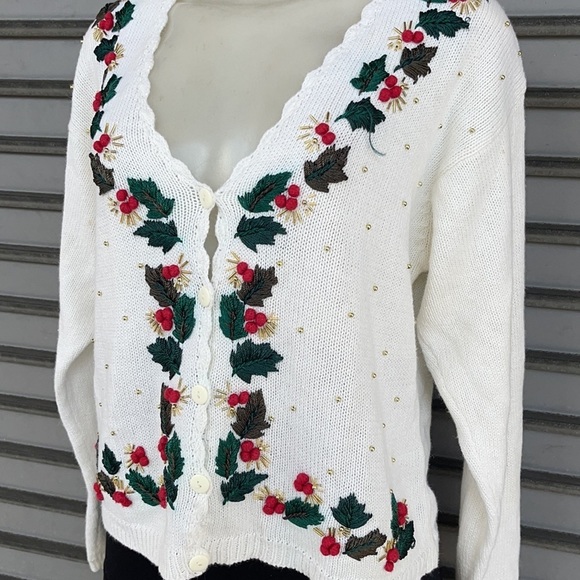 Vintage Dress Barn Beaded Long Sleeve White Christmas Cardigan Sweater Size M - Picture 4 of 8